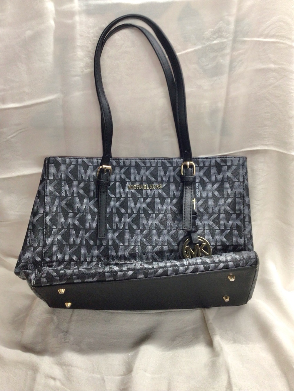 Michael Kors Black and Gray MK Logo Tote with Gold Accents